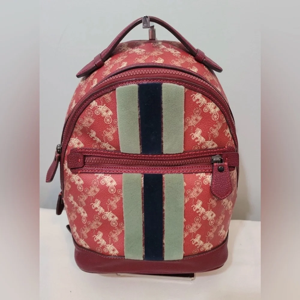 Coach New Year Barrow Varsity Stripe Backpack Red Coated Canvas Leather Trim